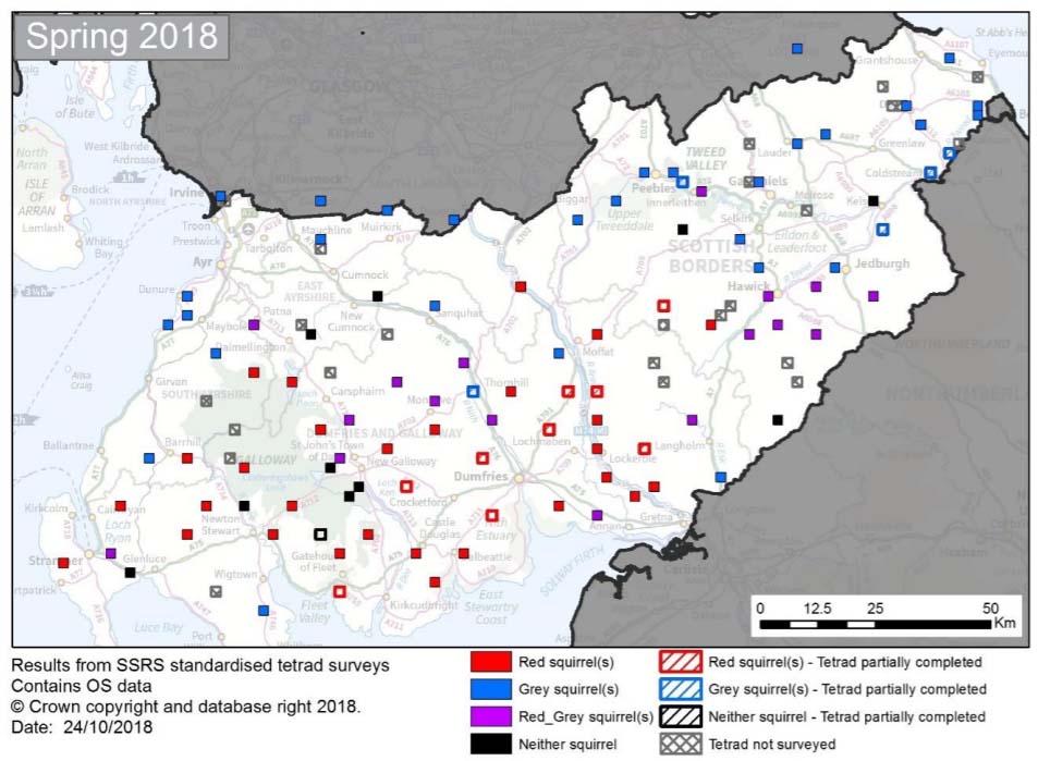 map of south Scotland showing blue boxes (grey squirrels) mainly to the east and red boxes (red squirrels) mainly to the west