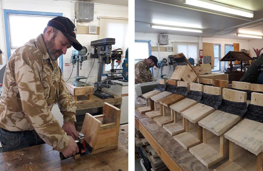 1. Man stapling waterproof hinge to wooden feeder box. 2. Row of feederboxes on workshop table