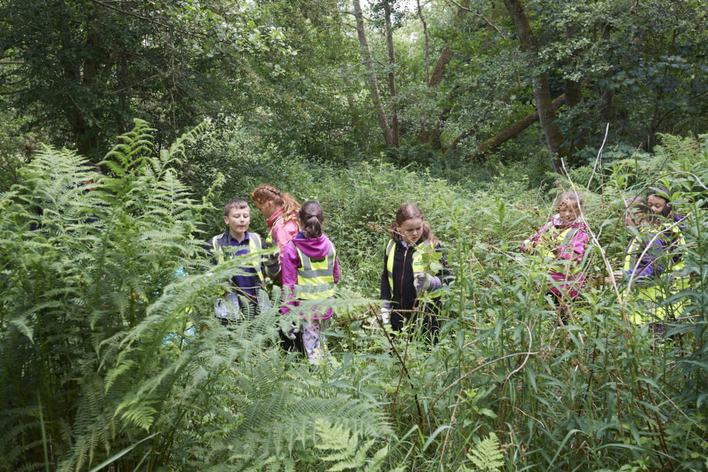 Children in hi vis jackets walking through foliage