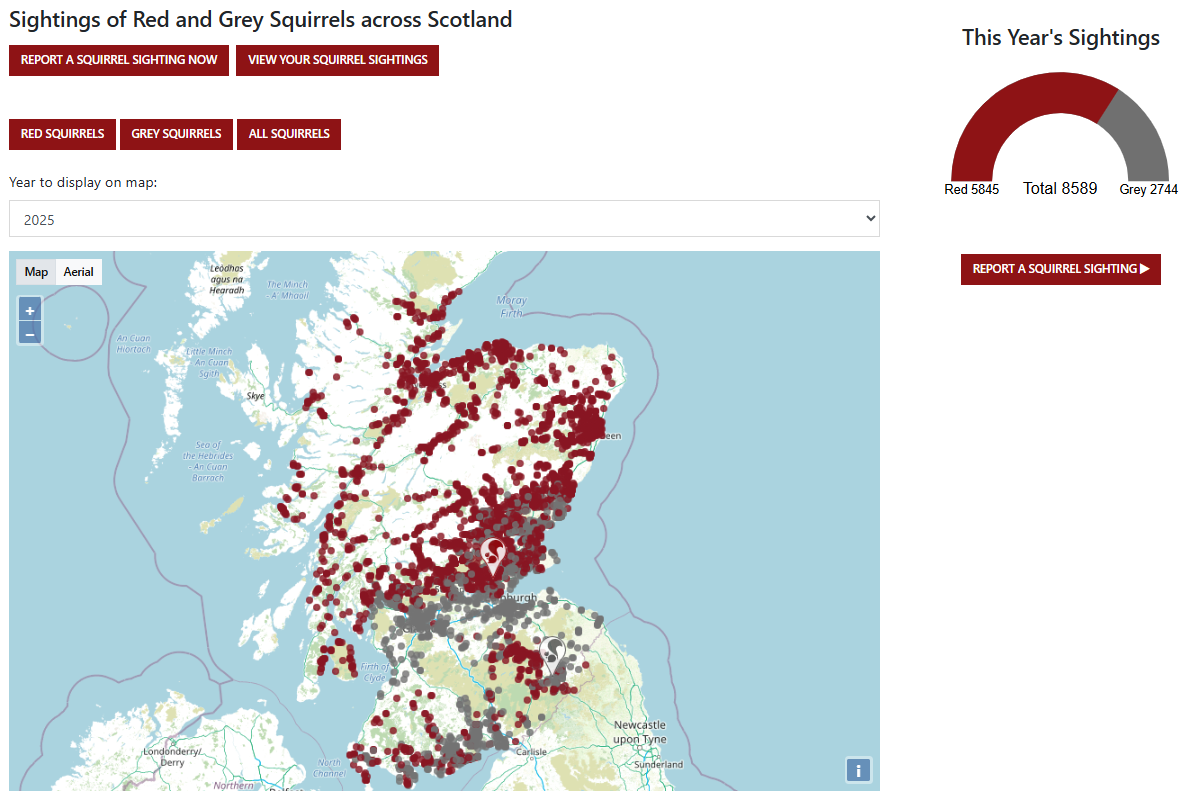 A screenshot from the SSRS website, showing the sightings map.