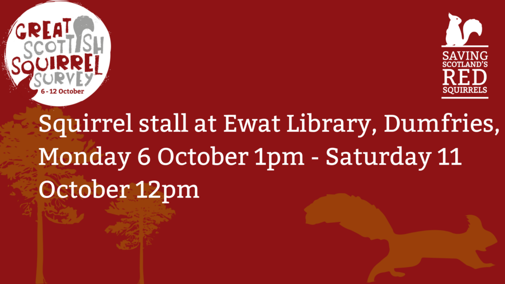 A red tile with the SSRS and GSSS logos. Text reads "Squirrel stall at Ewat Library, Dumfries, Monday 6 October 1pm - Saturday 11 October 12pm"